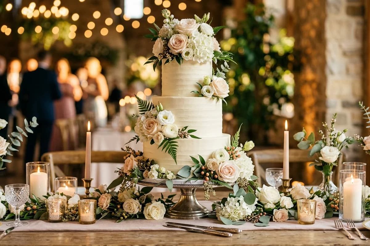 An elegant engagement party cake with florals and soft candlelight