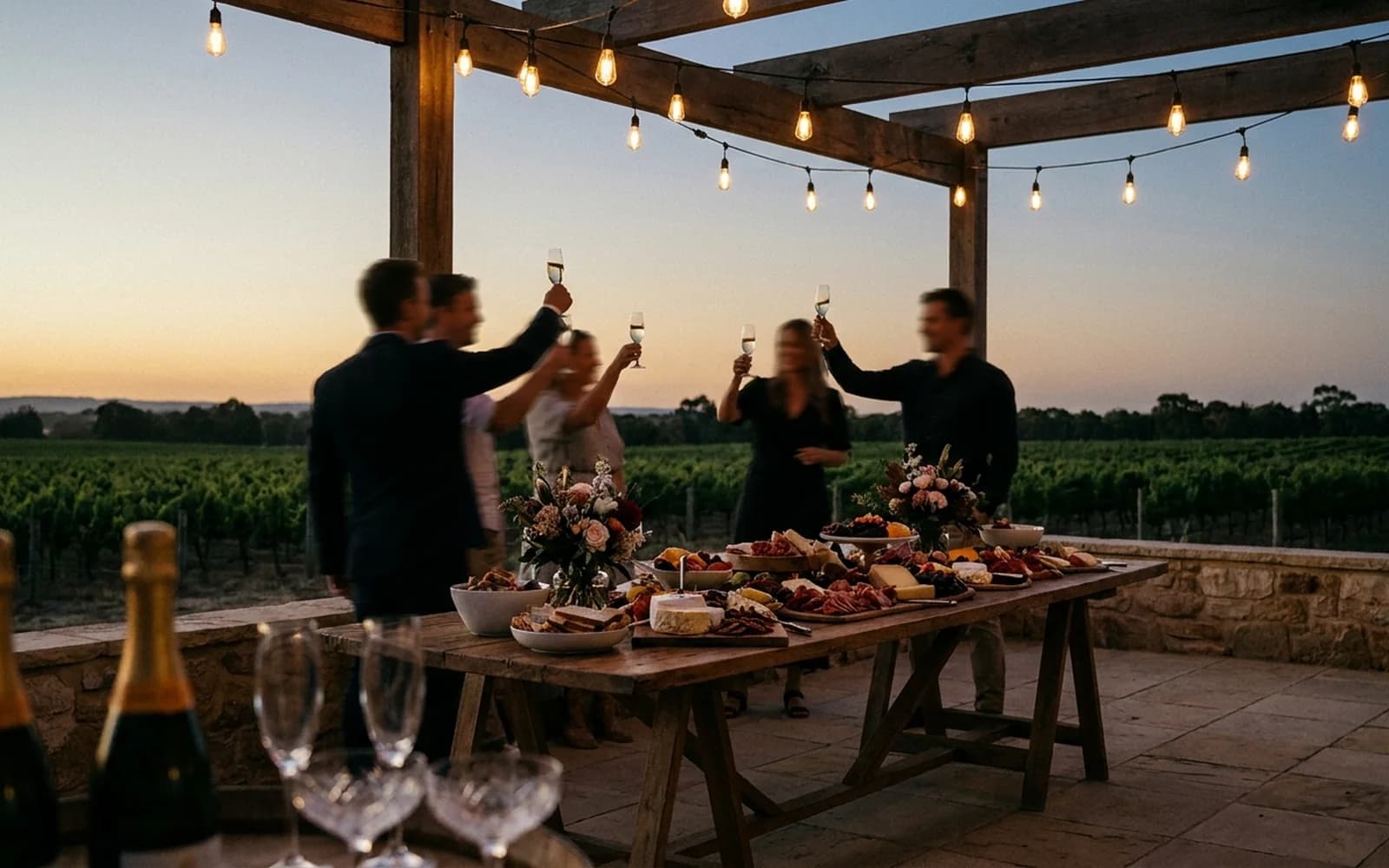 An engagement party on a South Australian winery terrace at dusk