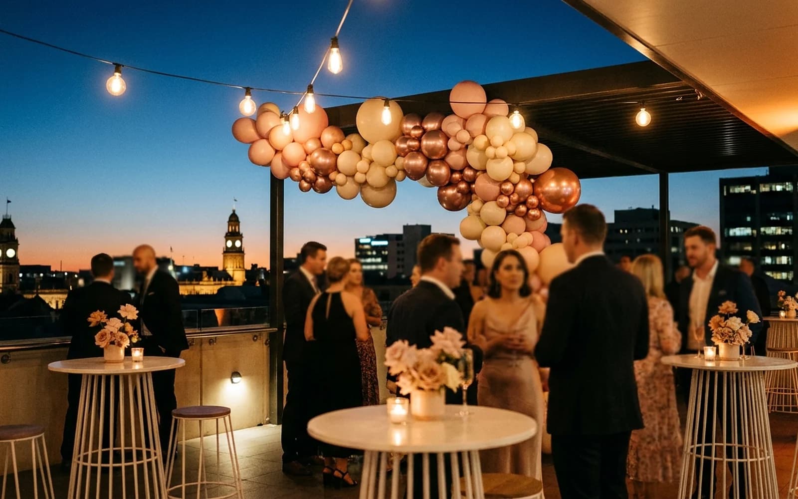 A chic Adelaide CBD rooftop bar set for an engagement party at twilight