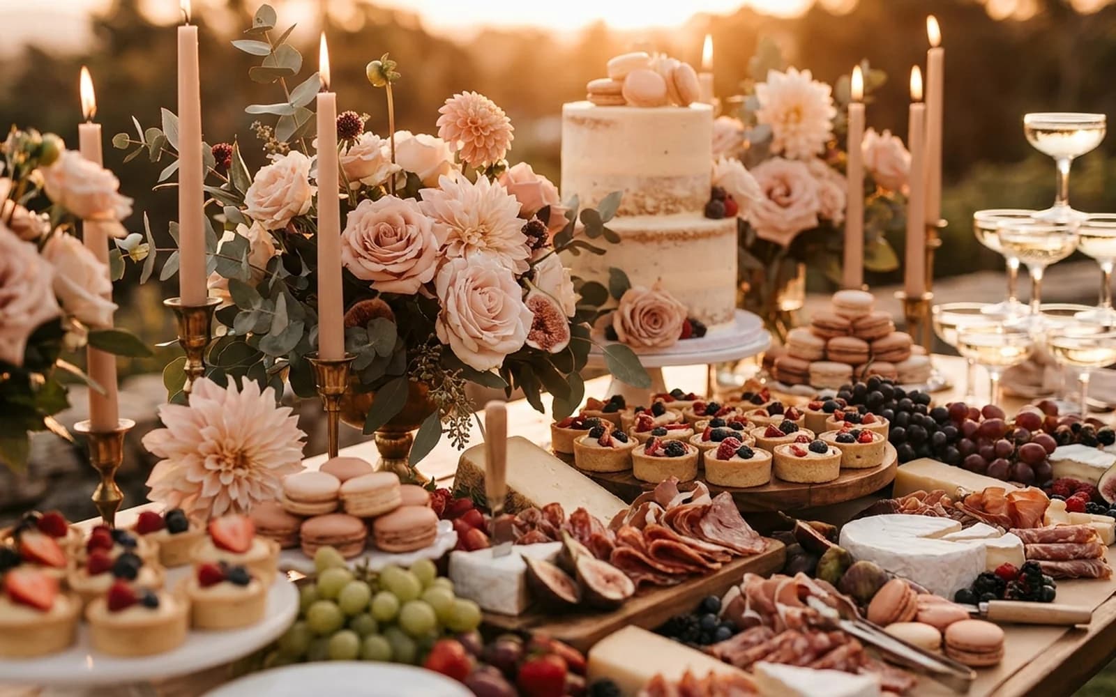 An abundant styled engagement party grazing and dessert table