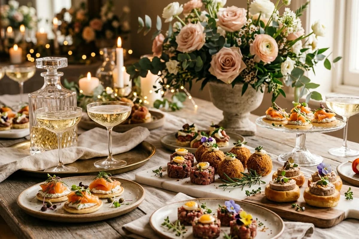 A styled engagement party catering spread of canapes and champagne