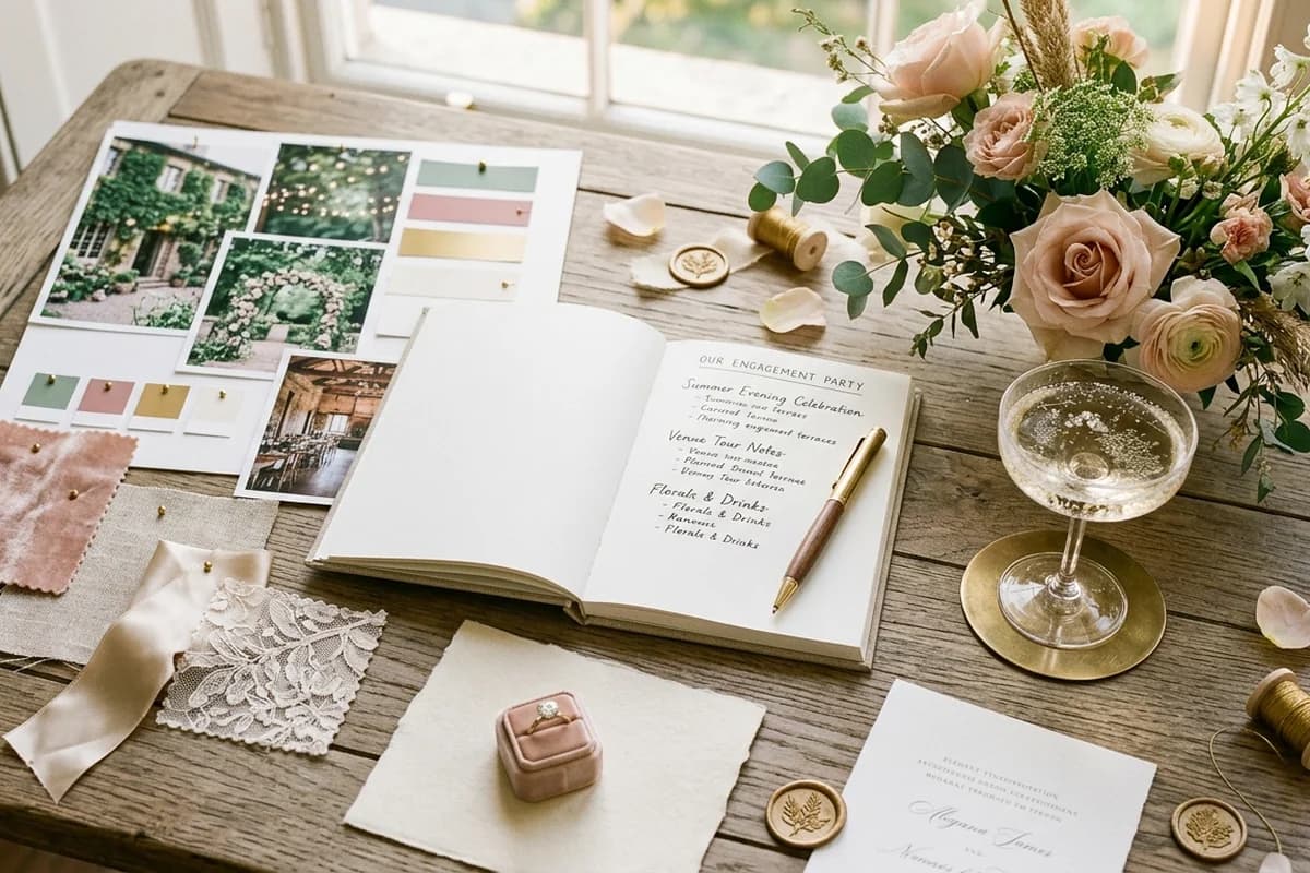 An engagement party planning moodboard with swatches, florals and a venue plan