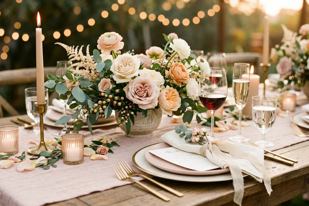 An engagement party table styled with blush linen, florals and candles