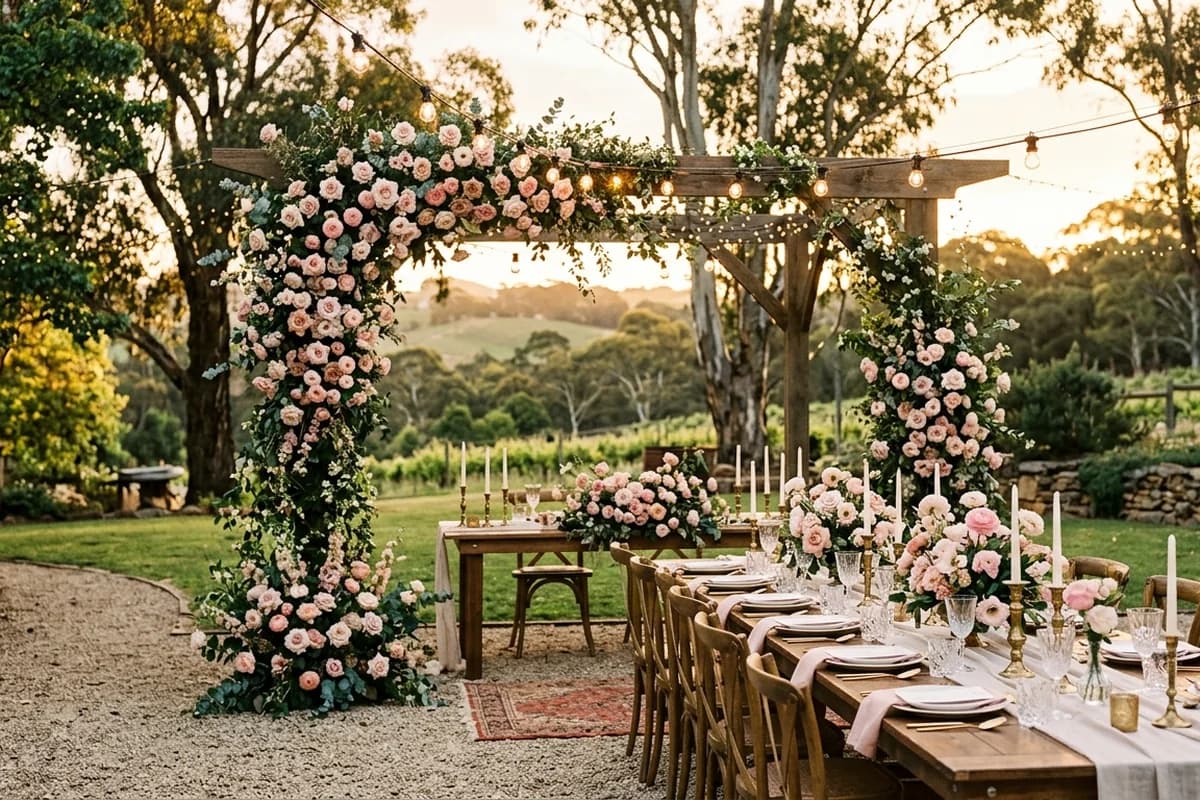 A private Adelaide garden styled for an engagement party with festoon lights